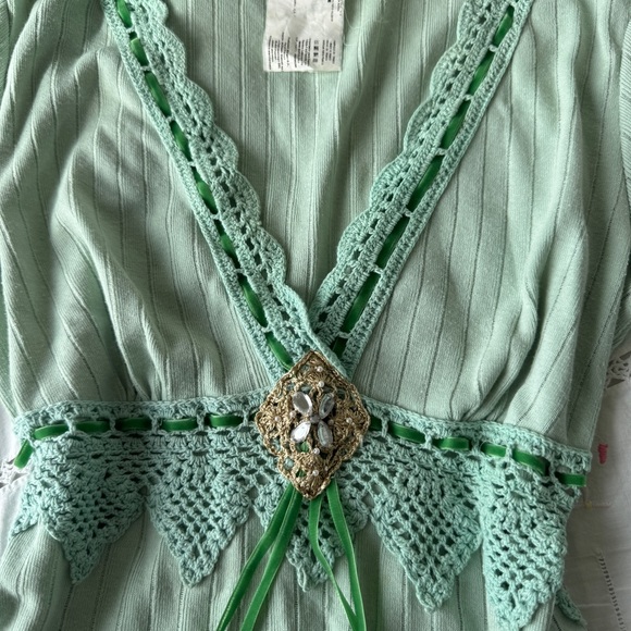 ⚠️❌SOLD❌⚠️Morgan De Toi Y2K Mint Green Lace Trim Ribbed Knit Top T1 (Fits S–L) - Picture 5 of 12